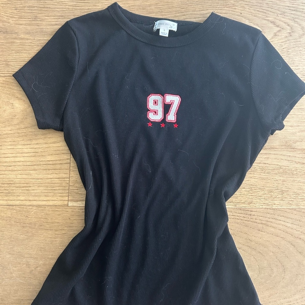 Black Ribbed T-Shirt with Red Embroidery